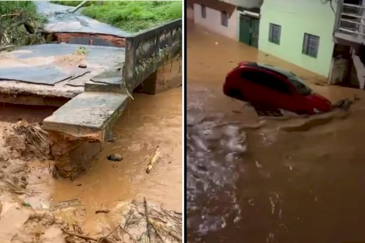 Enchente arrasta carros e provoca destruição em Açucena, no Vale do Rio Doce