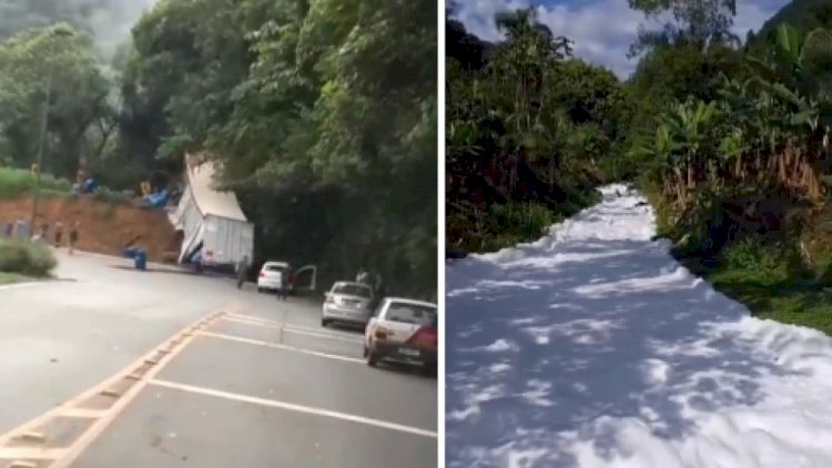 Vídeo: acidente com caminhão derrama produto químico em rio e pode causar falta d'água em SC