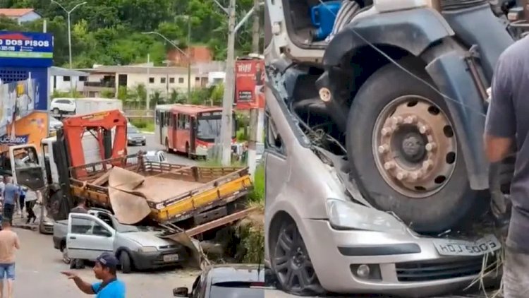 Vídeo: caminhão perde controle e atinge vários veículos em Ribeirão das Neves, na Grande BH