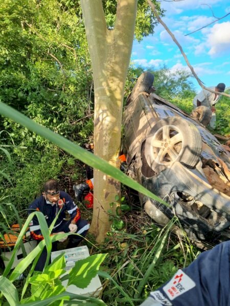 Mulher fica ferida após carro capotar na MGC-122, em Mato Verde