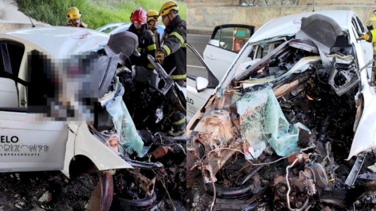 Táxi que bateu em mureta de viaduto no Anel Rodoviário fica completamente destruído; veja imagens