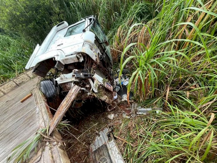 Carreta com 20 toneladas de cal tomba e cai em ribanceira de 6 metros na BR-354, em Formiga