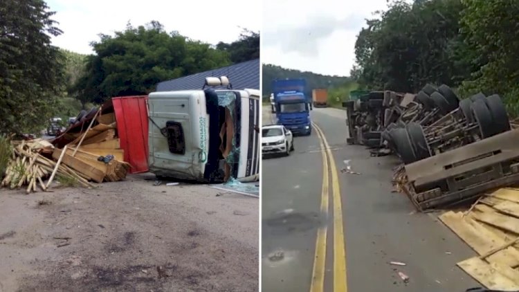 Vídeo: carreta carregada com madeira tomba e causa congestionamento na BR-381