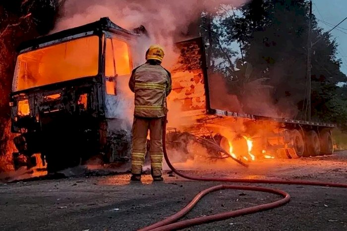 Carreta é tomada por fogo após queda de galho em fios de alta tensão