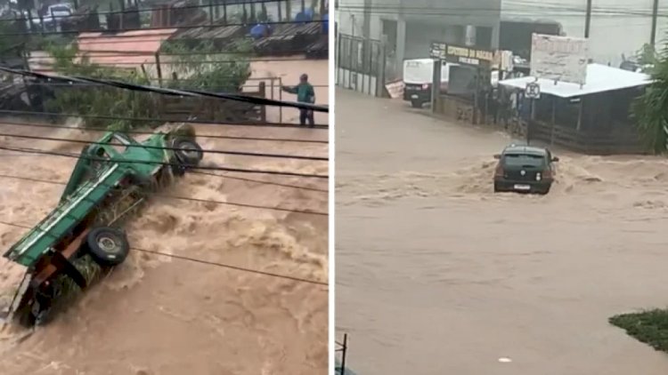 Vídeo: enxurrada tomba e arrasta caminhão em Nova Serrana, no Centro-Oeste mineiro