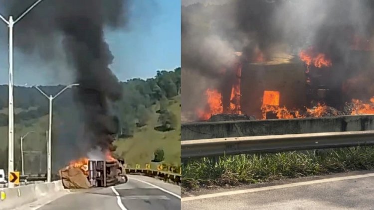 Vídeo: carreta tomba, pega fogo e fecha a Fernão Dias, no Sul de Minas