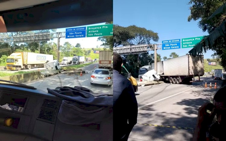 Motorista de carreta fica levemente ferido após veículo dar 'L' e bater na placa da divisa entre MG e SP, em Extrema