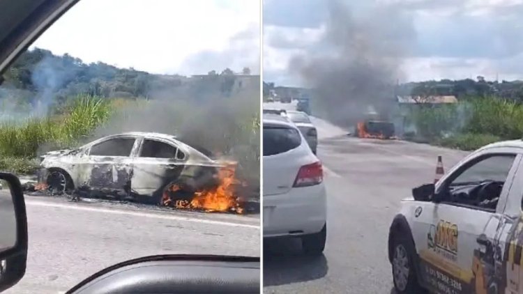 Carro pega fogo e interdita parcialmente a BR-040, em Contagem (MG)