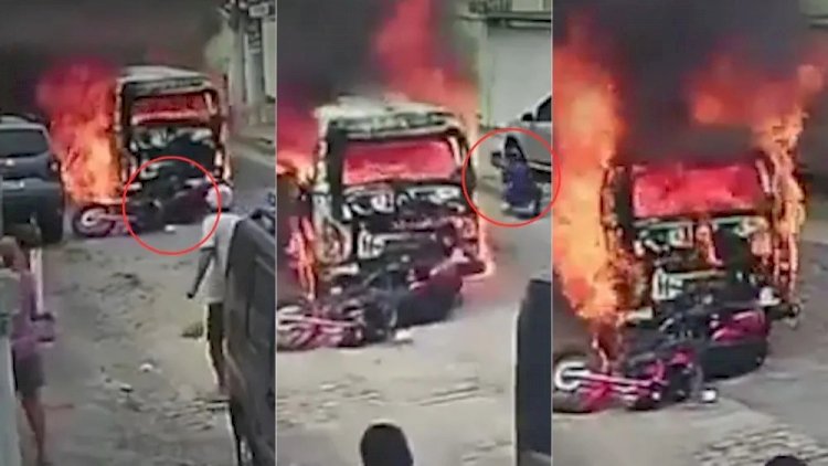 Vídeo: Kombi em chamas atropela homem e arrasta moto no Rio de Janeiro