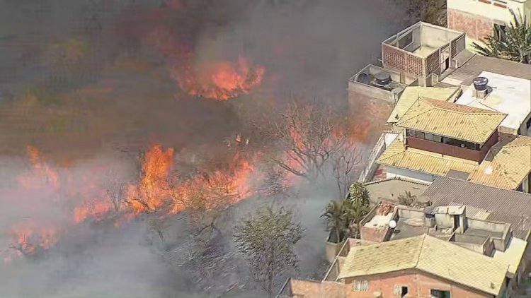 Incêndio atinge vegetação, e chamas se aproximam de casas em BH; VÍDEO