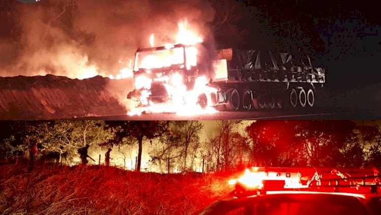 Caminhão pega fogo e as chamas destroem vegetação em rodovia de Minas Gerais