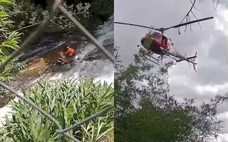 Mulher de 43 anos é resgatada pelos bombeiros após escorregar e cair em cachoeira em Andradas, MG