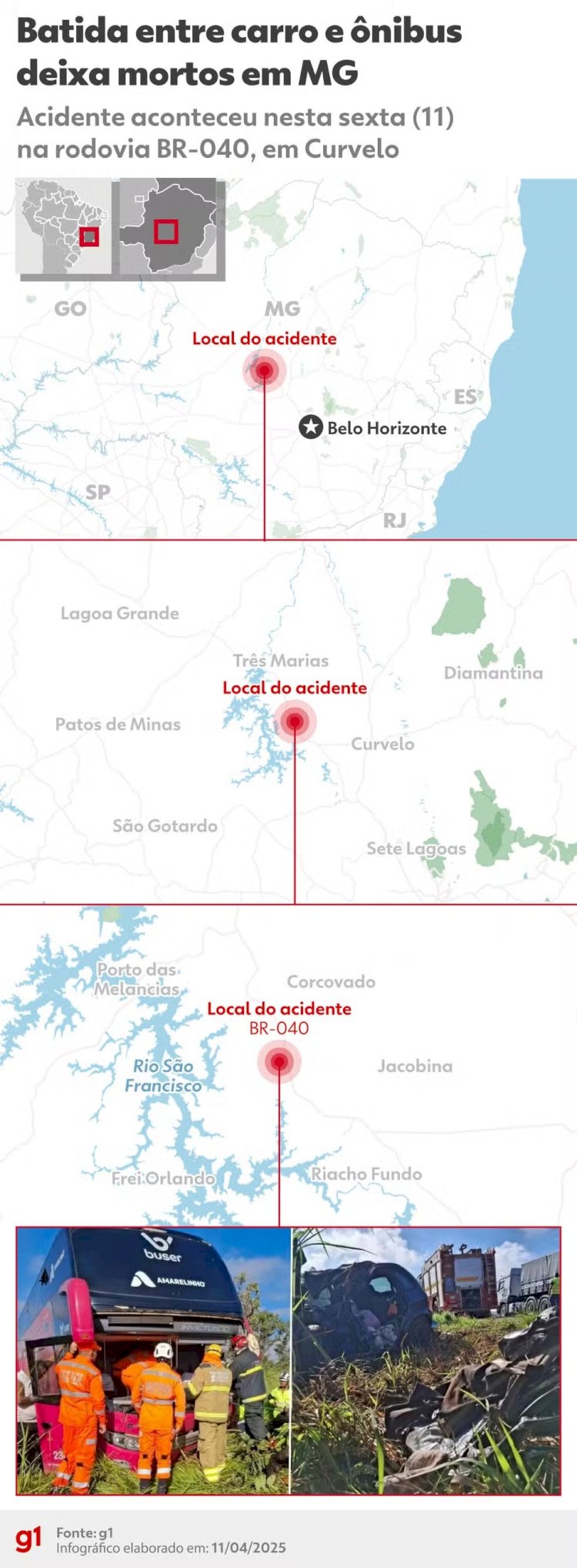 Batida entre ônibus e carro deixa três pessoas mortas na BR-040, em Curvelo